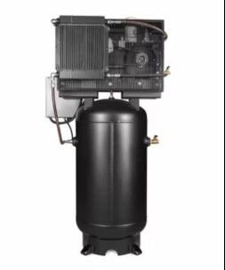 Industrial Gold R103V83 vertical air compressor, featuring a robust cast-iron pump, large electric motor, and black steel tank with logo badge. Get it at Wrenchers.com