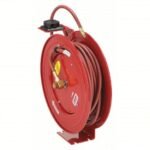 Rear view of the Lincoln 83753 Value Series retractable air hose reel, showing the swivel base and reinforced hose connections for smooth airflow and long-lasting performance. Get it at Wrenchers.com
