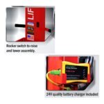Feature callouts on the LM-200 highlighting the rocker switch used to raise and lower the lift assembly and the included 24-volt battery charger