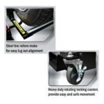Close-up feature callouts on the LM-200 showing steel tire rollers for easy lug nut alignment and a heavy-duty rotating locking caster for smooth, secure movement