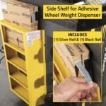 Side shelf wheel weight dispenser on Ranger LS45DS stores adhesive balancing weights.