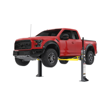 MaxJax M7K portable two-post car lift right-side view with pickup raised.