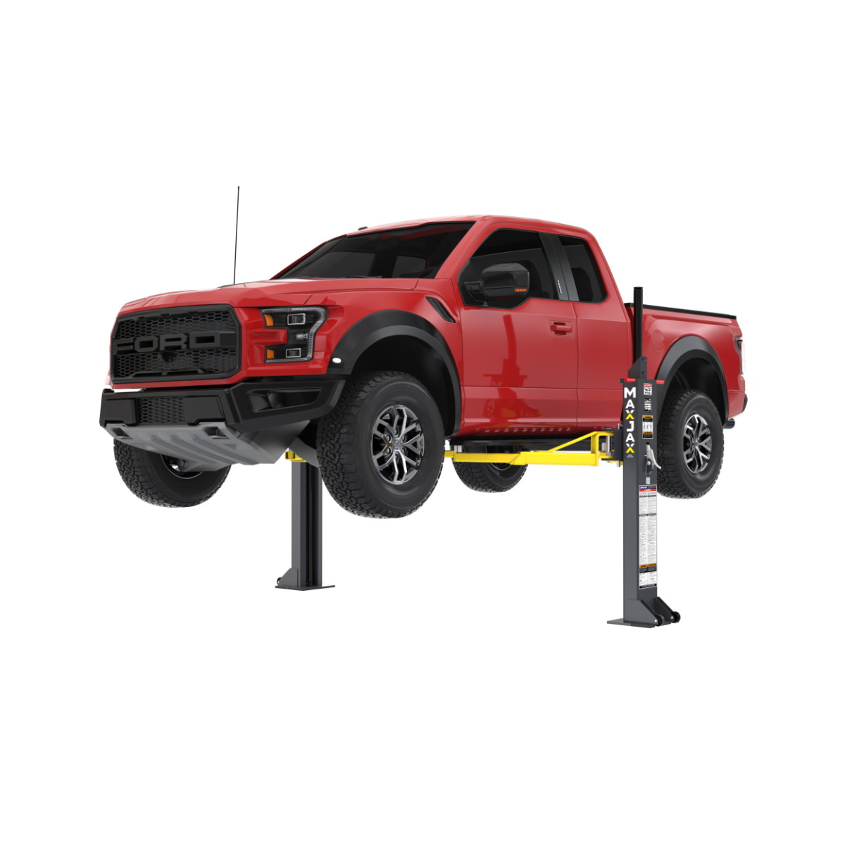 MaxJax® M7K MaxJax M7K portable two-post car lift right-side view with pickup raised.