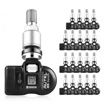 Set of 20 Autel MX-Sensor programmable universal TPMS sensors with metal valve stems arranged neatly in rows – Get it at Wrenchers.com today