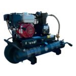 Side view of CAS Contractor Series P55HG11 gas reciprocating air compressor, showing the cooling system, dual handles, and detailed plumbing layout for professional-grade air delivery.