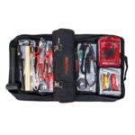 Portable off-road tool bag with removable pouches and tool roll