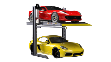 Lower left view of the BendPak PL-6000DC parking lift designed to stack vehicles vertically and maximize storage in tight residential or commercial garages. SKU 5175427