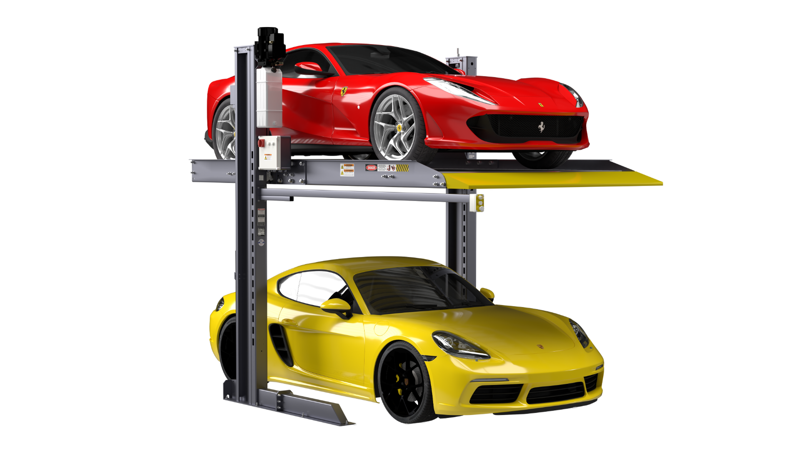 PL-6000DC Lower left view of the BendPak PL-6000DC parking lift designed to stack vehicles vertically and maximize storage in tight residential or commercial garages. SKU 5175427