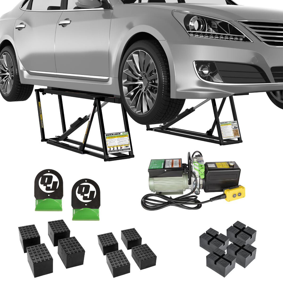 6000TL Portable Car Lift Bundle QuickJack 6000TL bundle includes 6,000 lb portable car lift, pinch weld blocks, wall hangers, rubber blocks, and hydraulic power unit for complete garage lifting