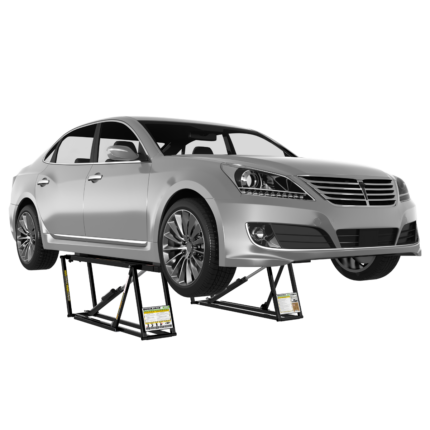 QuickJack 6000TL portable car lift shown lifting a passenger sedan for maintenance and repairs in a home or professional garage.