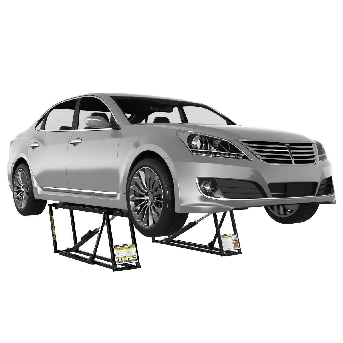 6000TL Portable Car Lift QuickJack 6000TL portable car lift shown lifting a passenger sedan for maintenance and repairs in a home or professional garage.