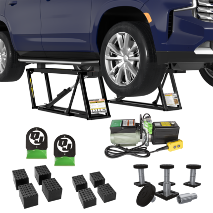 QuickJack 8000TL Portable Car Lift Bundle includes SUV and Light Truck Adapter Set and wall hangers for storage