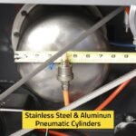 Close-up of the R745 tire changer’s stainless steel and aluminum pneumatic cylinder assembly designed for reliable, consistent clamping performance