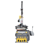 Front view of the Ranger R76LT tire changer highlighting its swing-arm design, integrated controls, and reinforced turntable for professional tire service