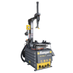 Angled front view of the Ranger R76LT tire changer showcasing its rugged cabinet design, pneumatic assist features, and commercial-grade construction