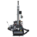 Rear view of the Ranger R76LT tire changer highlighting the integrated air tank, hose routing, and service-friendly component layout