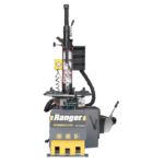 Front view of the Ranger R980XR tire changer showcasing its swing-arm tower, RimGuard-equipped turntable, and integrated pneumatic control system