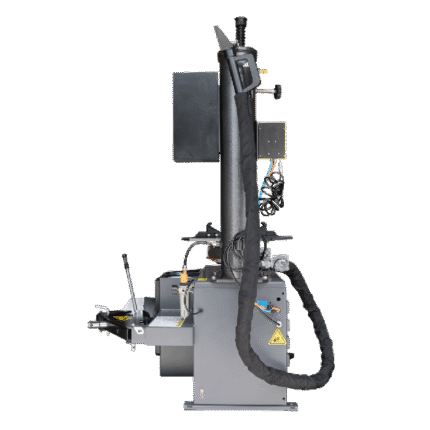 Side profile of the Ranger R980XR tire changer displaying the tower assembly, air lines, and integrated service components