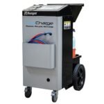 Ranger CoolCharge AC 134a vehicle recovery machine model 5150025 front-right view with hoses and storage pocket.