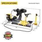 Specifications view of the Ranger R26FLT heavy-duty tire changer featuring a powerful 3 HP 220V motor and compact recommended footprint for commercial shop installations. SKU 5140137.