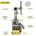 Feature overview of the R745 tire changer showcasing the swing-arm design, high-torque turntable, bead breaker, and simplified foot-pedal controls