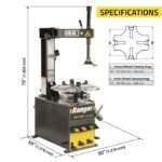 Dimensional and clamping-range specifications for the R745 swing-arm tire changer, detailing capacity for various wheel sizes