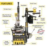 Feature callout graphic for the Ranger R76ATR-L 110V tire changer, highlighting its assist tower, TurboBlast™ bead seating, adjustable RimGuard™ clamps, and premium mount/demount system