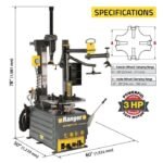 Ranger R76ATR tire changer specifications showing 9"–28" outside clamping, 10"–30" inside clamping, and a powerful 3 HP high-speed motor