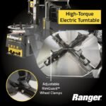 Close-up of the R76ATR-L 110V model’s high-torque electric turntable with adjustable RimGuard™ clamps designed for secure, damage-free wheel handling