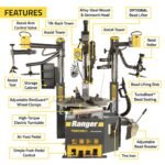 Explore the Ranger R80EX tire changer features including dual assist towers, TurboBlast bead seating, adjustable bead breaker, high-torque turntable, and alloy-steel mount head. SKU 5140139.
