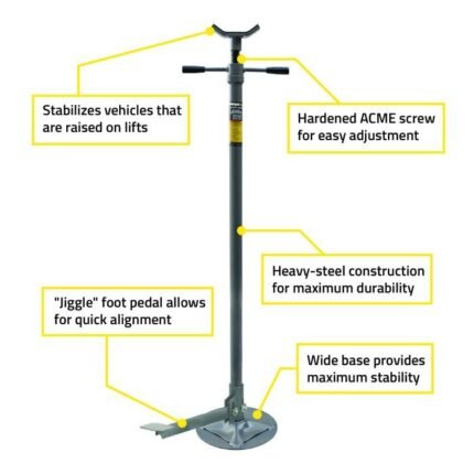 Ranger RJS-1TF high stand with labeled features including hardened ACME screw adjustment, jiggle foot pedal, wide-base support, and heavy-steel construction for reliable vehicle stabilization