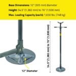 Ranger RJS-1TF jack stand specifications displayed with height range, 12-inch base diameter, and 1,650-lb. capacity for supporting vehicles on two-post and four-post lifts