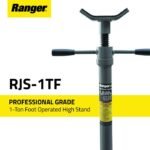 Ranger RJS-1TF professional-grade 1-ton foot-operated high stand shown with padded V-head, dual rubberized handles, and heavy-duty construction for safely stabilizing lifted vehicles
