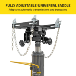 Fully adjustable universal saddle on the Ranger RTJ-1 transmission jack, featuring tilt knobs and safety chains for securing transmissions