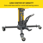 Close-up of Ranger RTJ-1 transmission jack showing wide low-profile base with four swivel ball-bearing casters