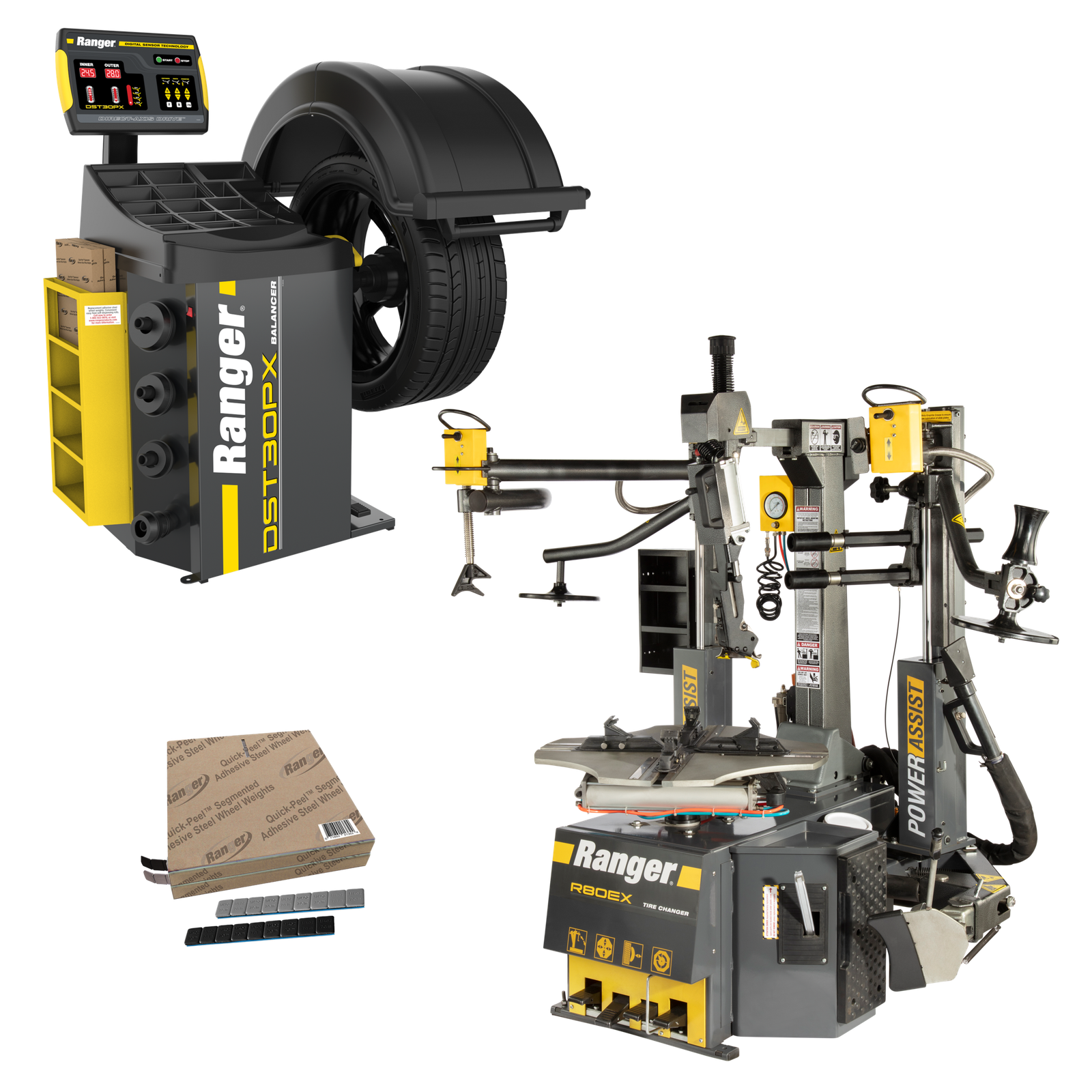 R80EX - DST30PX - Weights - Setup-Train R80EX 220V wheel balancer with DST30PX system tape weight rolls and setup training kit