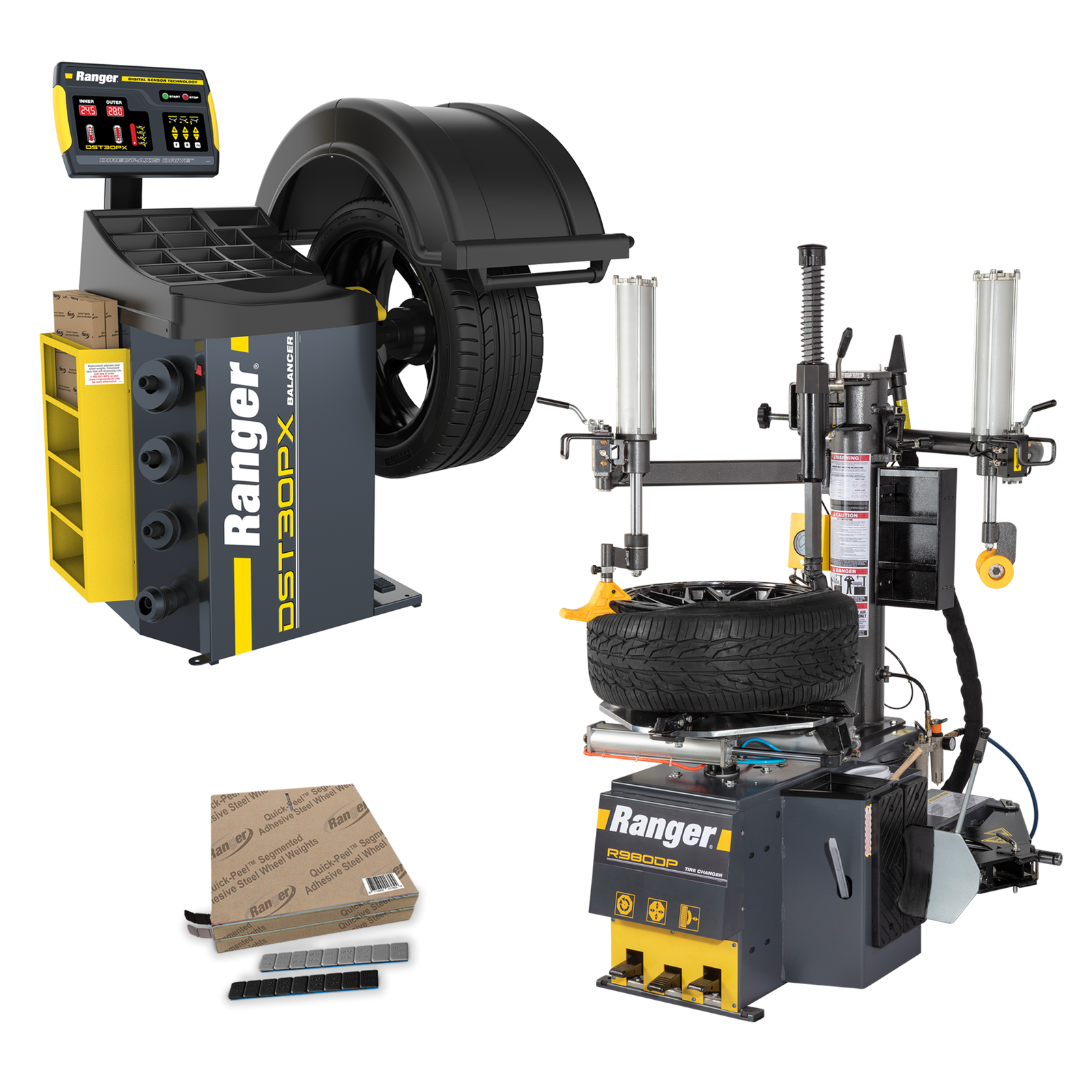 R980DP - DST30PX - Weights - Setup-Train R980DP 220V wheel balancer with DST30PX system tape wheel weights and setup training