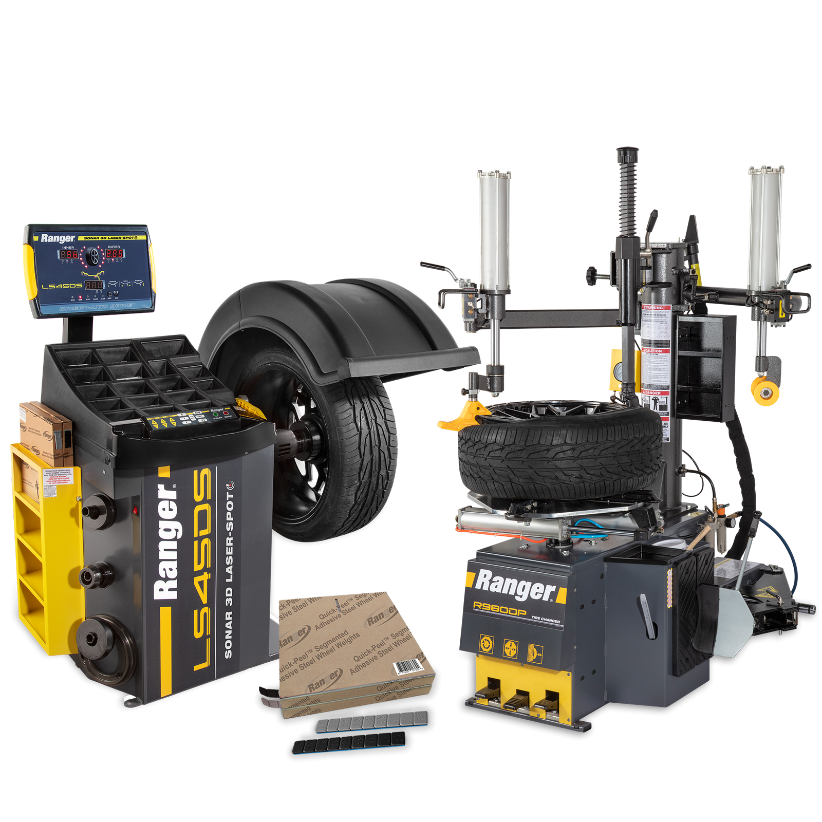 R980DP - LS45DS - Weights - Setup-Train R980DP 220V wheel balancer with LS45DS system tape wheel weights and training package