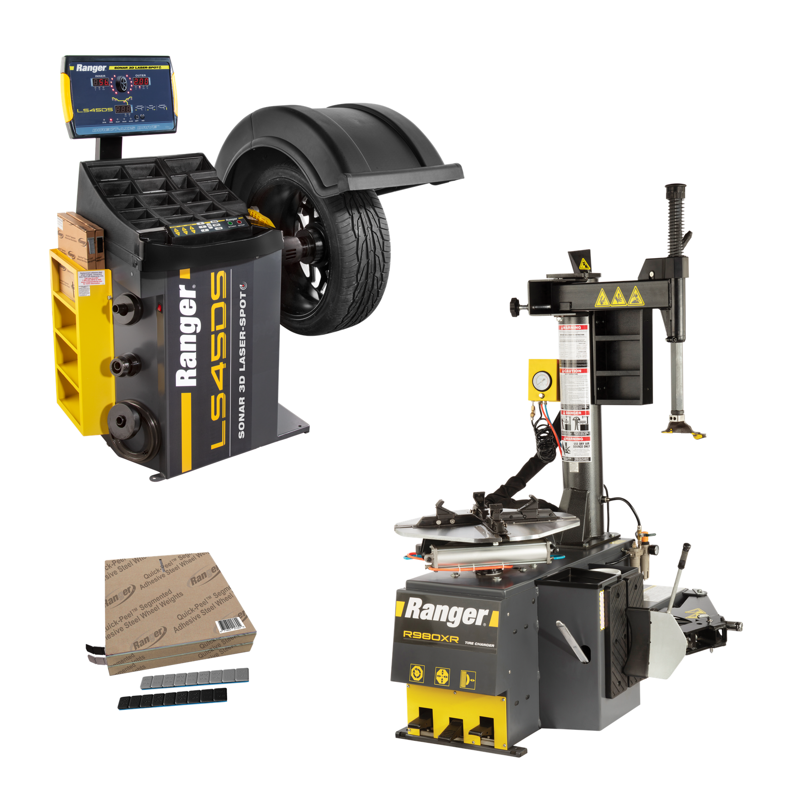 R980XR - LS45DS - Weights - Setup-Train R980XR 220V wheel balancer with LS45DS system tape weight rolls and training package