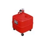 Close-up image of the Ranger RD-9G’s 9-gallon polyethylene drain tank, featuring molded handles, swivel casters, and a capped fill port
