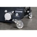 Close-up view of the Ranger RFJ-4000AL aluminum floor jack showing its heavy-duty front swivel casters and reinforced mounting bracket